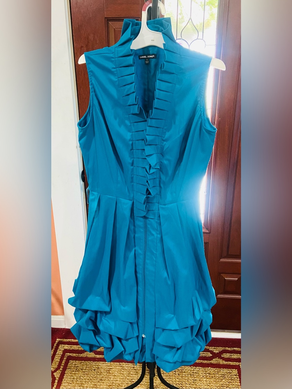 Samuel Dong Teal Ruffled Sleeveless Dress